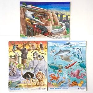 Patch Frame Tray Kids Puzzles 25 Pieces Lot of 3 Trains, Zoo & Ocean Animals